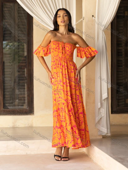 Wholesale Women's Casual Leaf Print Off Shoulder Tie Front Shirred Ruffle Hem Ruched Woven Maxi Dress K1699-19#