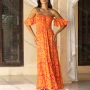 Wholesale Women's Casual Leaf Print Off Shoulder Tie Front Shirred Ruffle Hem Ruched Woven Maxi Dress K1699-19# preview