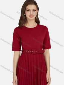 Wholesale Women's Casual Crew Neck Short Sleeve Plain Belted Pleated Tee Dress 28049#, LIUHUA CLOTHING WHOLESALE
