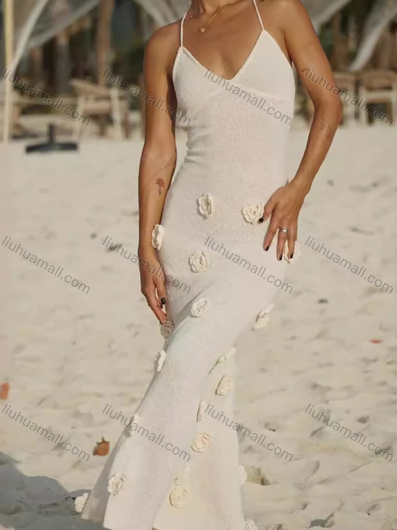 Wholesale Women's Vacation Sexy Plain 3D Floral Lace Up Crisscross Back Beach Knit Maxi Cami Dress