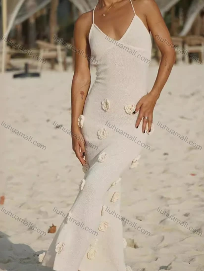 Wholesale Women's Vacation Sexy Plain 3D Floral Lace Up Crisscross Back Beach Knit Maxi Cami Dress