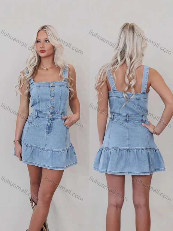 Wholesale Women's Casual Plain Button Front Patch Pocket Ruched Tank Denim Street Mini Dress