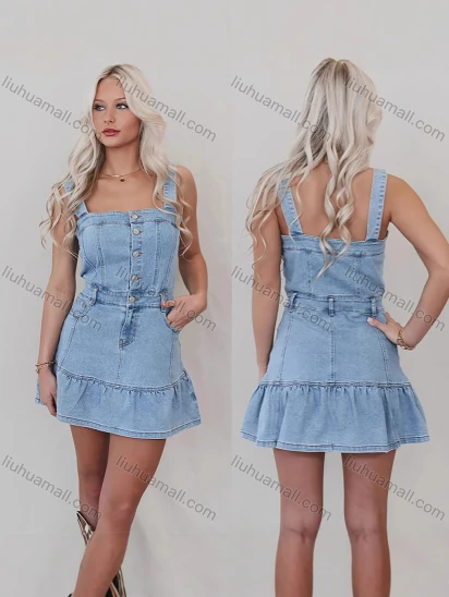 Wholesale Women's Casual Plain Button Front Patch Pocket Ruched Tank Denim Street Mini Dress