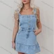 Wholesale Women's Casual Plain Button Front Patch Pocket Ruched Tank Denim Street Mini Dress Light Blue Clothing Wholesale Market Liuhua