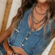 Wholesale Women's Street Plain V Neck Button Down Slim Fit Crop Denim Waistcoat Top Light Blue Clothing Wholesale Market Liuhua