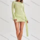 Wholesale Women's Vacation Bateau Neck Backless Plain Side 3D Flower Ribbon Ruched Knit Long Sleeve Y2K Mini Dress Green Clothing Wholesale Market Liuhua