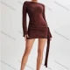 Wholesale Women's Vacation Bateau Neck Backless Plain Side 3D Flower Ribbon Ruched Knit Long Sleeve Y2K Mini Dress Maroon Clothing Wholesale Market Liuhua