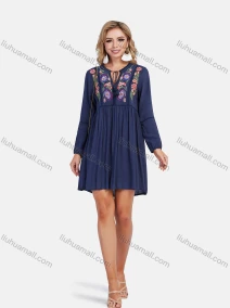 Wholesale Women's Boho Short Sleeve Tassel Tie Neck Embroidery Ruffle Hem Short Dress, LIUHUA CLOTHING WHOLESALE