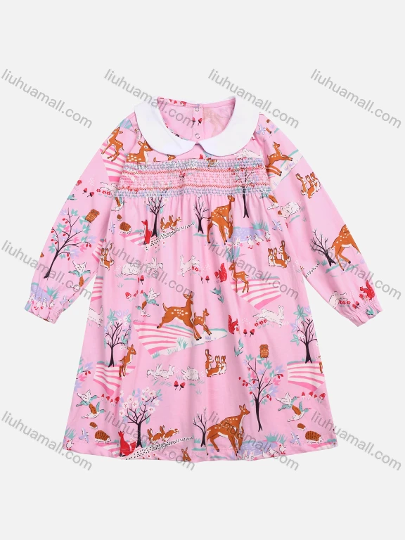 Wholesale Girls' Fall 100%Cotton Ruched Long Sleeve Allover Cartoon Print Dress