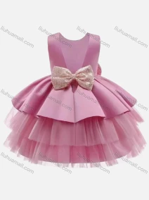 Wholesale Girls Lovely Sleeveless Bow-knot Mesh Layered Hem Flower Girl Dress, LIUHUA CLOTHING WHOLESALE