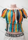 Wholesale Women's Casual Striped Colorblock Ruffle Trim Short Sleeve Shirred Layered Crop Blouse - Liuhuamall