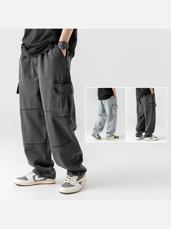 Men's Casual Distressed Washed Plain Flap Pockets Elastic Waist Drawstring Cargo Long Pant, Clothing Wholesale Market -LIUHUA, Men, Men-s-Outerwears