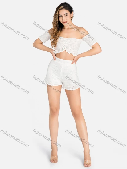 Wholesale Women's Casual Off Shoulder Ruffle Trim Eyelet Embroidered Crop Tops&Shorts 2 Piece Sets C4278#