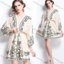 Wholesale Women's Elegant V Neck Embroidery Floral Print High Waist 3/4 Sleeve Short Dress With Belt preview