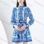 Wholesale Women's Casual Stand Collar Folk Art Print High Waist Long Sleeve Short Shirt Dress With Belt preview