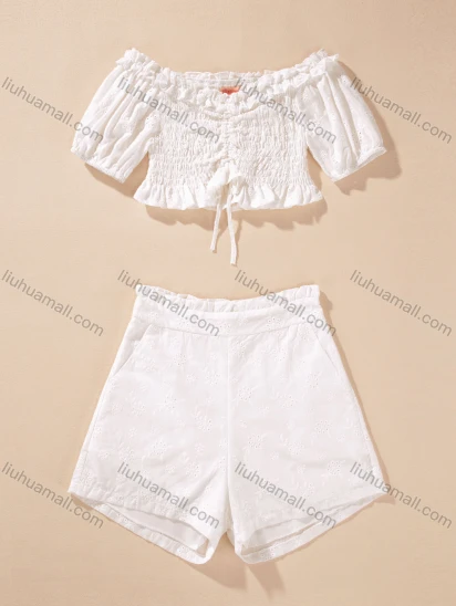 Wholesale Women's Casual Shirred Crop Tops&Eyelet Embroidered Shorts 2 Piece Sets
