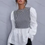 Wholesale Women's Fashion Puff Sleeve Mock Neck Houndstooth Print Splicing Blouse A21193W# preview