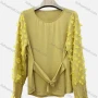 Wholesale Women's Casual Crew Neck Tie Front Mesh Applique Long Sleeve Blouse preview