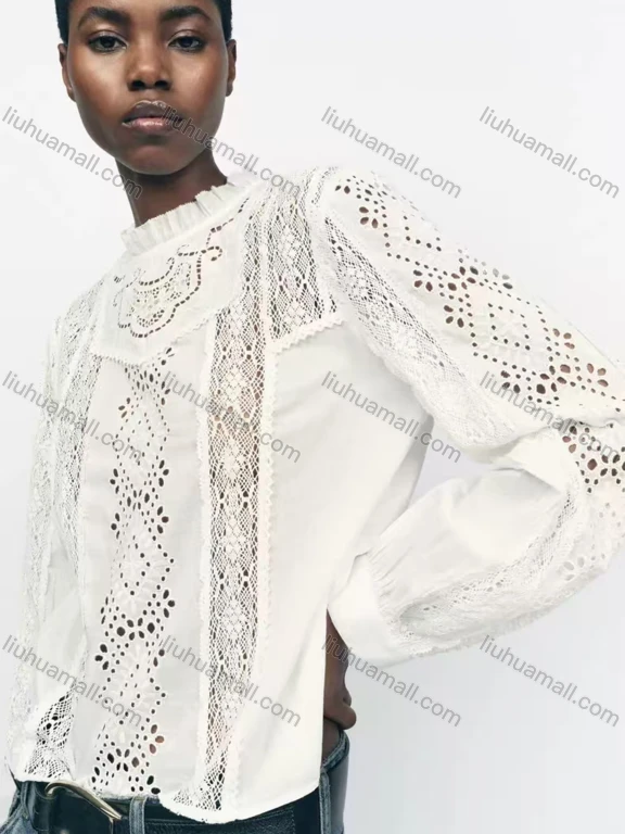 Wholesale Women's Romantic Long Sleeve Ruffle Trim Mock Neck Plain Embroidery Lace Hollow Out Ruched Blouse