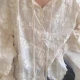 Wholesale Women's Romantic Long Sleeve Crew Neck Plain Floral Embroidery Button Decor Lace Up Blouse White Clothing Wholesale Market Liuhua