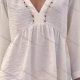 Wholesale Women's Casual Long Sleeve Deep V Neck Plain Ruched Lace Trim Blouse White Clothing Wholesale Market Liuhua