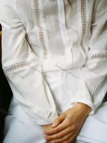 Wholesale Women's Elegant Long Sleeve Collared Plain Guipure Lace Button Down Shirt, LIUHUA CLOTHING WHOLESALE