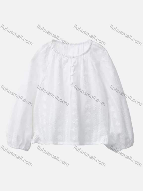 Wholesale Women's Casual Long Sleeve Crew Neck Plain Floral Embroidery Button Front Ruched Blouse