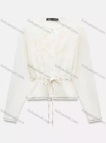 Wholesale Women's Casual Long Sleeve Crew Neck Plain Scallop Hem Embroidery Lace Hollow Out Drawstring Blouse, LIUHUA CLOTHING WHOLESALE