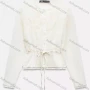 Wholesale Women's Casual Long Sleeve Crew Neck Plain Scallop Hem Embroidery Lace Hollow Out Drawstring Blouse preview