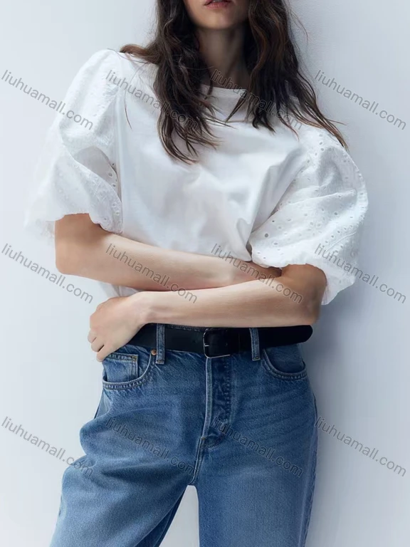 Wholesale Women's Casual Puff Sleeve Crew Neck Plain Hollow Out Embroidery Blouse