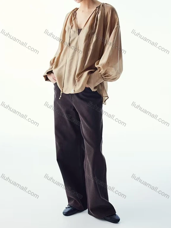 Wholesale Women's Casual Drop Shoulder Long Sleeve V Neck Ruched Lace Up Blouse