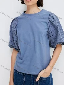 Wholesale Women's Casual Puff Sleeve Crew Neck Plain Eyelet Embroidered Ruched Blouse, LIUHUA CLOTHING WHOLESALE