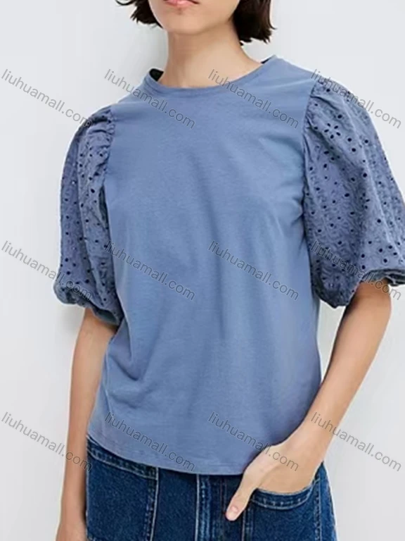 Wholesale Women's Casual Puff Sleeve Crew Neck Plain Eyelet Embroidered Ruched Blouse