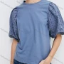 Wholesale Women's Casual Puff Sleeve Crew Neck Plain Eyelet Embroidered Ruched Blouse preview