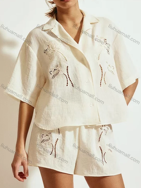 Wholesale Women's Casual Half Sleeve Lapel Plain Hollow Embroidered Button Down Shirt & Shorts 2 Piece Set