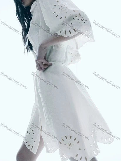 Wholesale Women's Casual Plain Button Down Ruched Lace Up Eyelet Embroidered Scallop Hem Shirt Short Dress