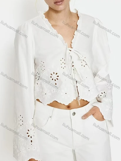 Wholesale Women's Elegant Plain Long Sleeve Eyelet Embroidered Ruffle Trim Lace Up Crop Cardigan