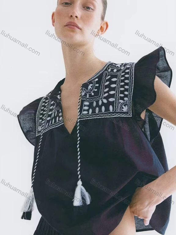 Wholesale Women's Casual Notched Neck Plain Embroidery Tie Front Ruffle Trim Tank Top