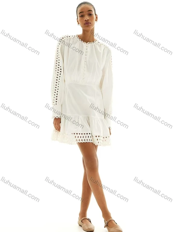 Wholesale Women's Elegant Plain Button Front Ruched Long Sleeve Hollow Out Ruffle Hem Short Dress