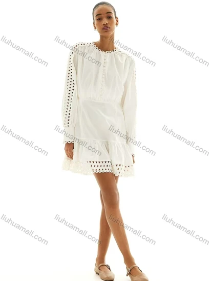 Wholesale Women's Elegant Plain Button Front Ruched Long Sleeve Hollow Out Ruffle Hem Short Dress