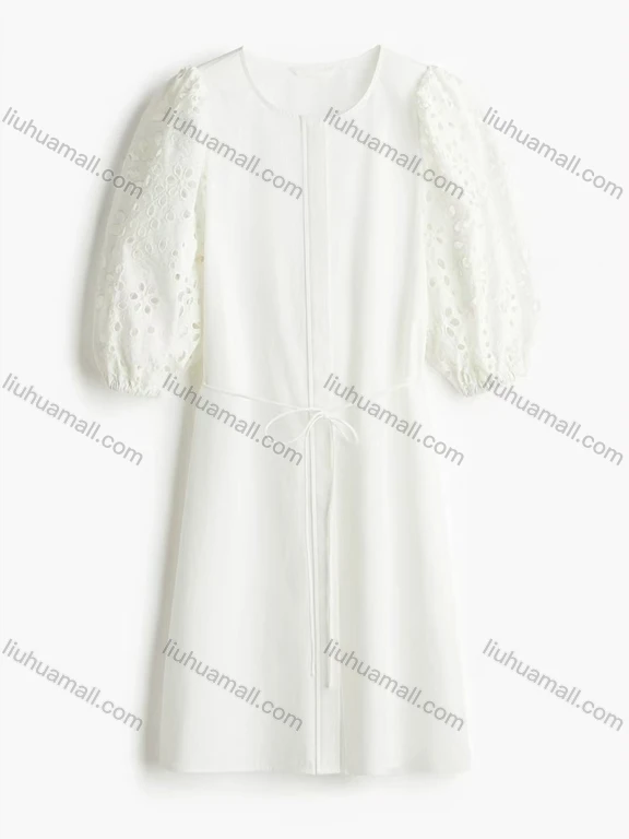 Wholesale Women's Elegant Plain Crew Neck Half Sleeve Hollow Out Embroidery Tie Front Short Dress