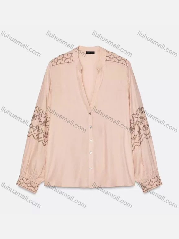 Wholesale Women's Casual Long Sleeve V Neck Plain Embroidery Button Down Ruched Blouse