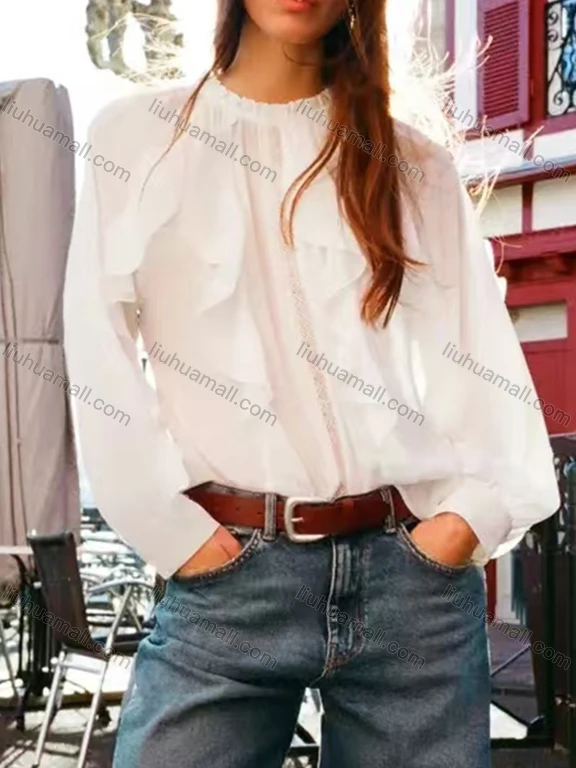 Wholesale Women's Casual Long Sleeve Pleated Mock Neck Plain Ruffle Trim Blouse