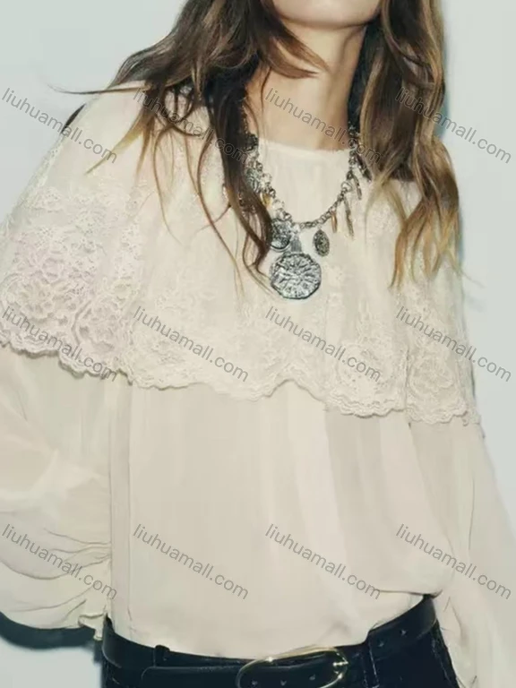 Wholesale Women's Romantic Long Sleeve Crew Neck Plain Sheer Lace Cape Blouse