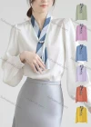 Wholesale Women's Casual Lantern Sleeve Ruched Pearl Decor Tie Neck Ruffle Trim Plain Blouse 418385# - Liuhuamall