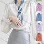 Wholesale Women's Casual Lantern Sleeve Ruched Pearl Decor Tie Neck Ruffle Trim Plain Blouse 418385# preview
