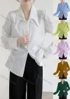 Wholesale Women's Casual Long Sleeve Collared Side Drawstring Button Down Plain Blouse 423742# - Liuhuamall