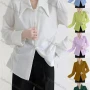 Wholesale Women's Casual Long Sleeve Collared Side Drawstring Button Down Plain Blouse 423742# preview