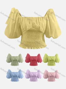 Wholesale Women's Casual Plain Bateau Neck Shirred Ruched Ruffle Trim Puff Sleeve Blouse, LIUHUA CLOTHING WHOLESALE