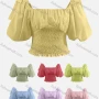 Wholesale Women's Casual Plain Bateau Neck Shirred Ruched Ruffle Trim Puff Sleeve Blouse preview